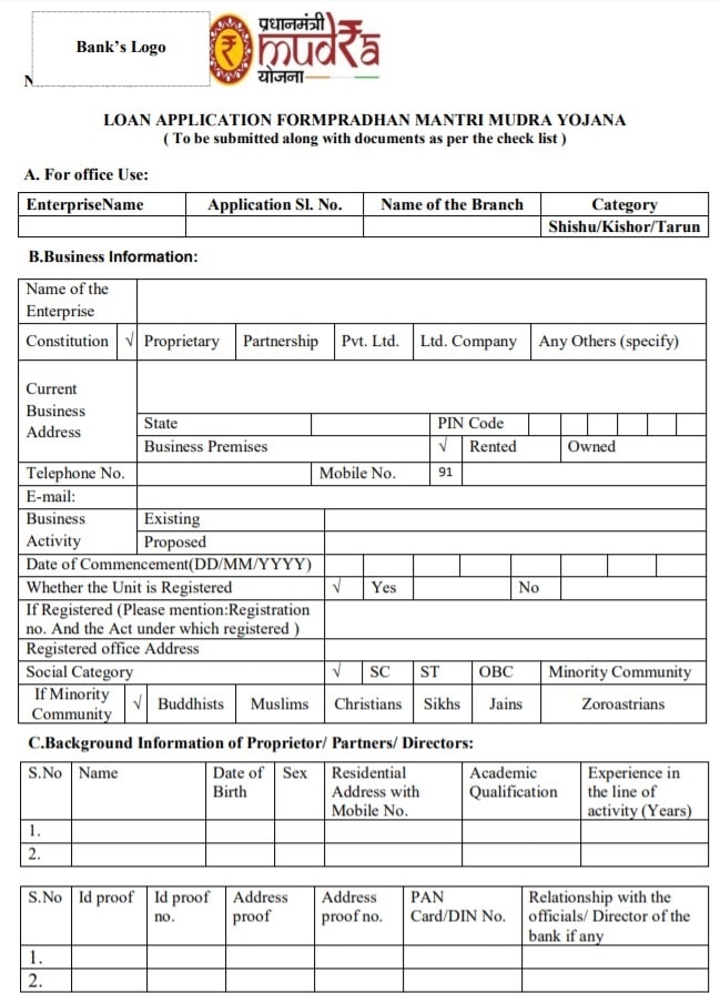 Mudra Yojana Kishor Tarun Loan Form PDF Download