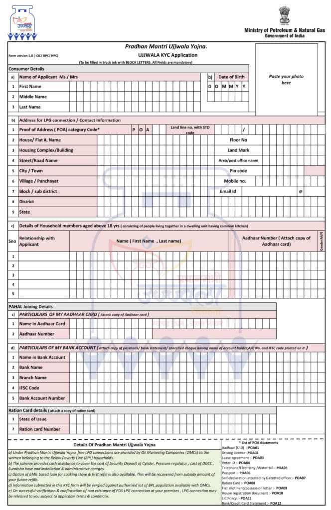 Pradhan Mantri Ujjwala Yojana Application Form English - Page 1