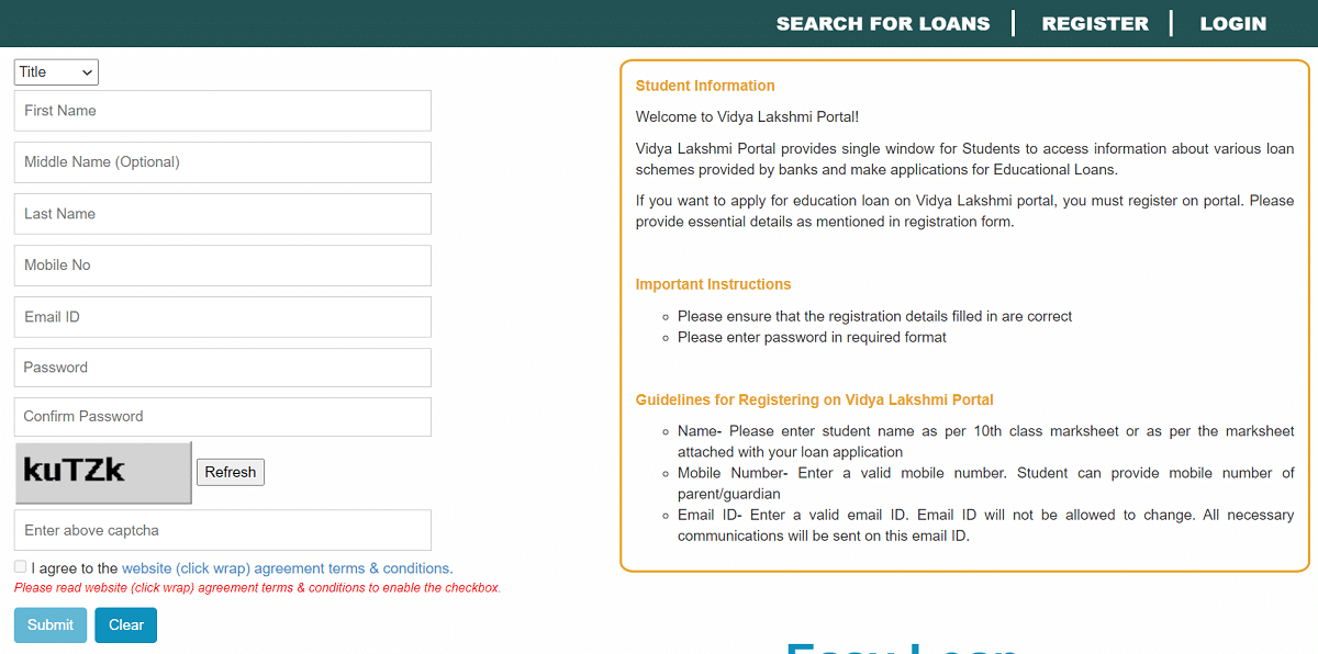 Vidya Lakshmi Portal Registration Form Online Students