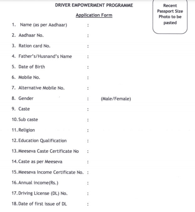 Telangana Driver Empowerment Scheme Application Form PDF