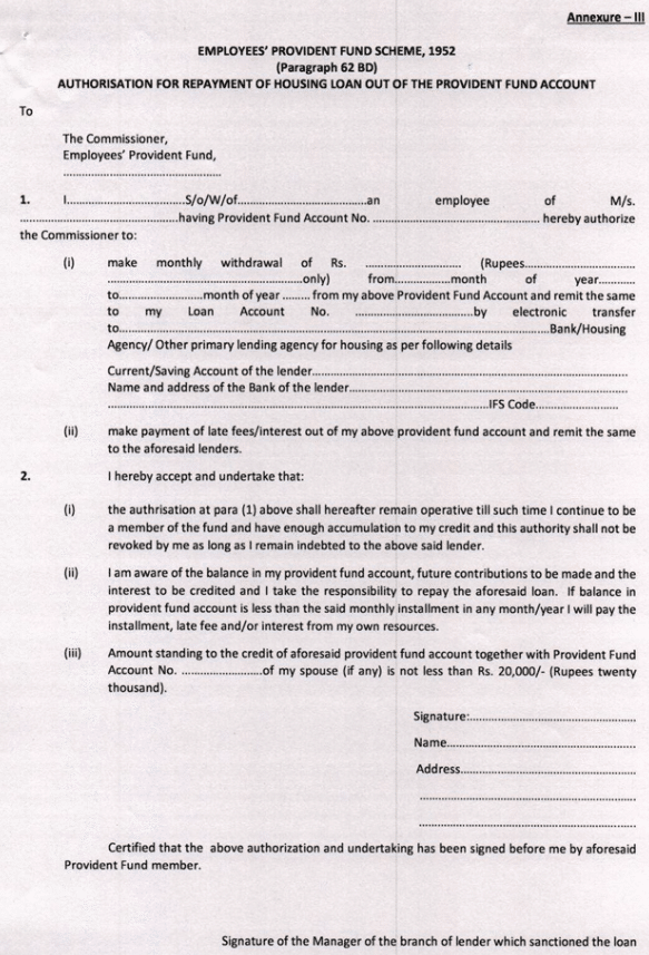 Authorisation Repayment Housing Loan PF Account