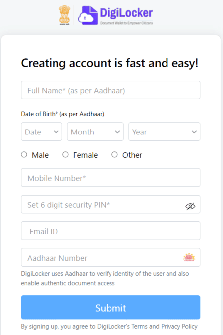 Digilocker Registration Form Account Signup