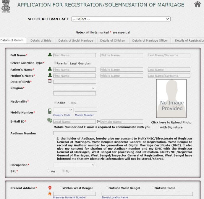 Application Form West Bengal Online Marriage Registration
