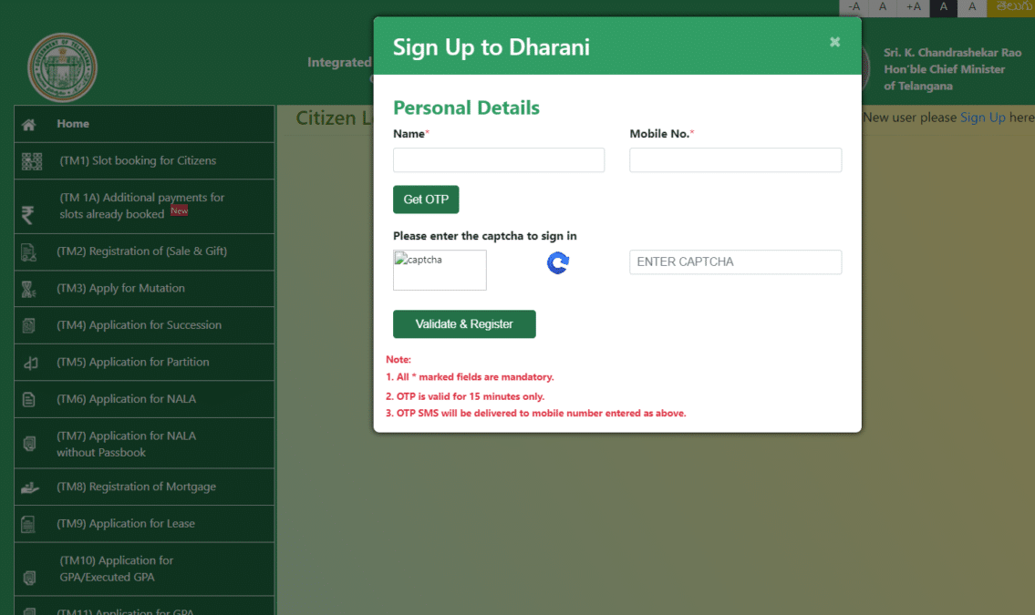 Telangana Dharani Portal Registration Form