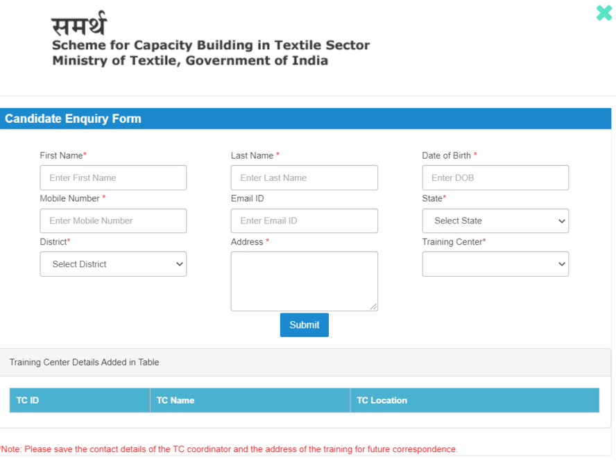 Samarth Scheme Online Registration Form
