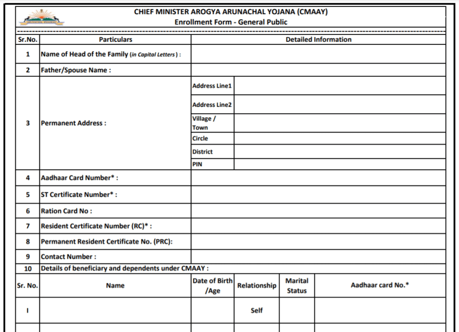 CM Arogya Arunachal Yojana Application Form PDF