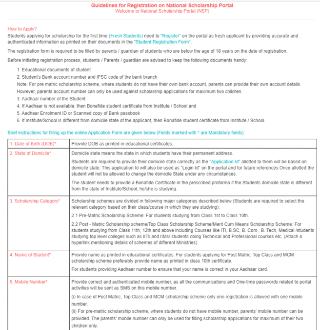 Guidelines Registration National Scholarship Portal