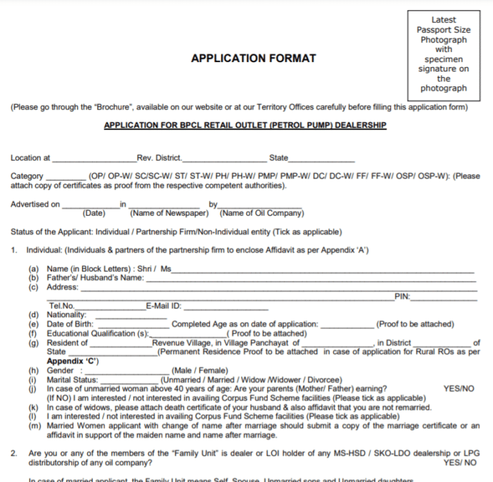 BPCL Petrol Pump Dealership Application Form PDF