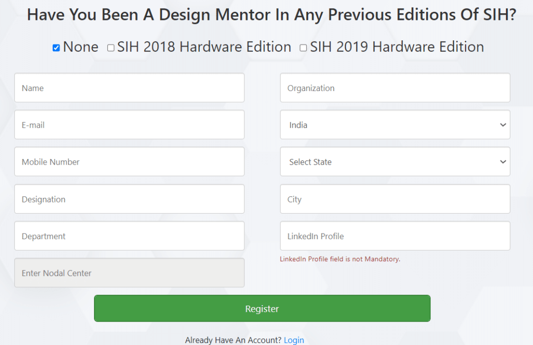 Design Mentor Registration Form Smart India Hackathon