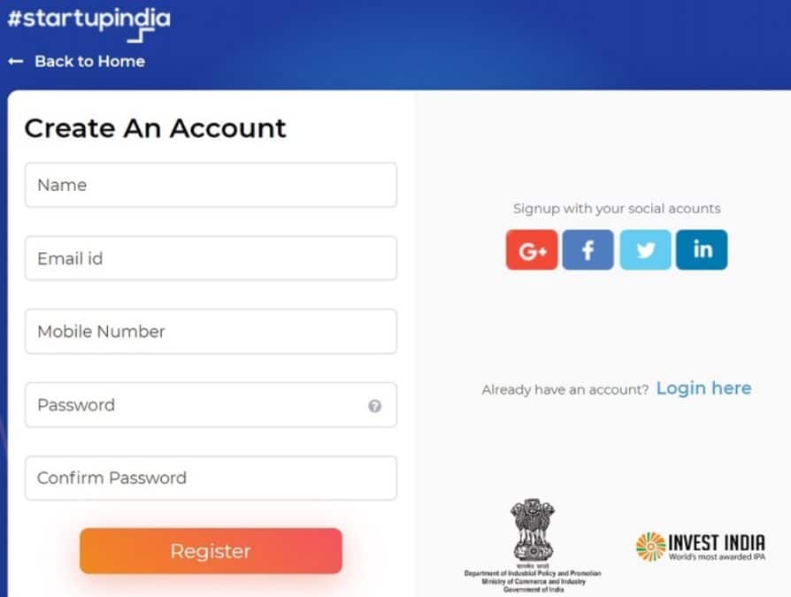 Startup India Scheme Registration Form