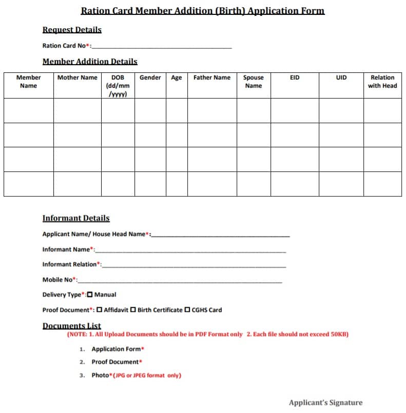 AP Ration Card Member Addition Application Form