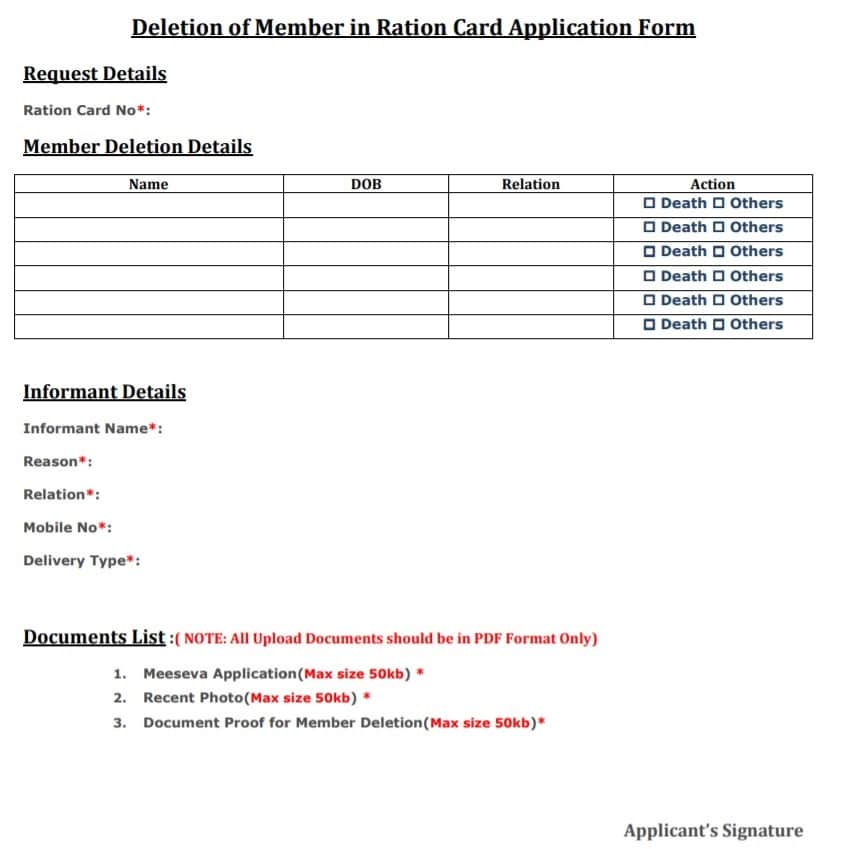 Member Deletion AP Ration Card Application Form