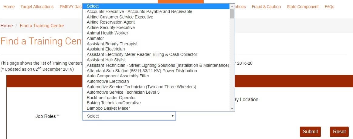 PMKVY Training Center List by Job Roles