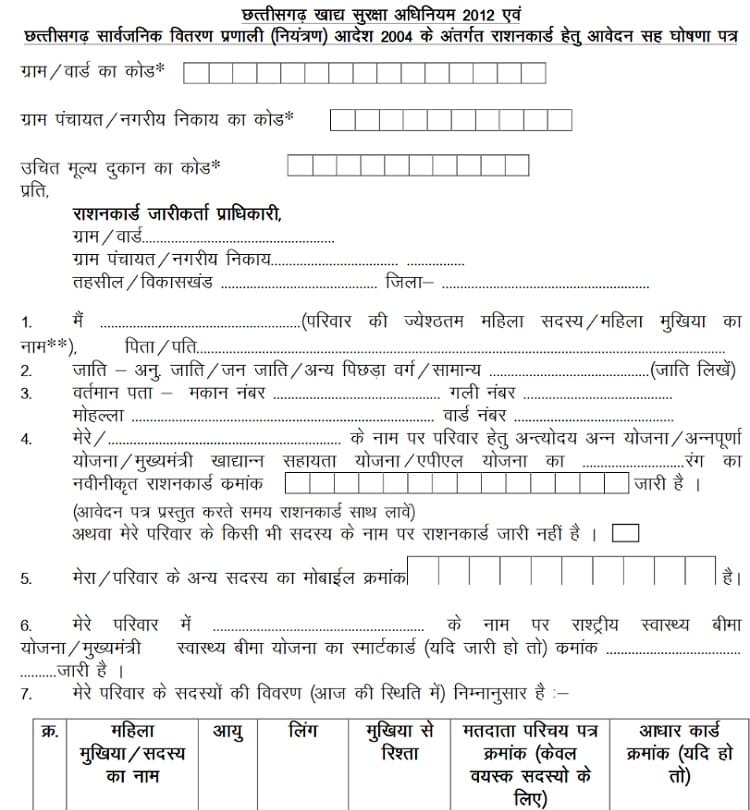 Online Ration Card Pdf Application Form Chhattisgarh
