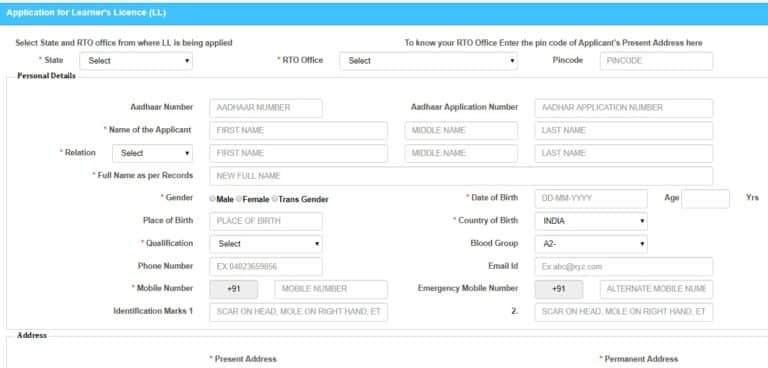 New Learners Licence Apply Online Form