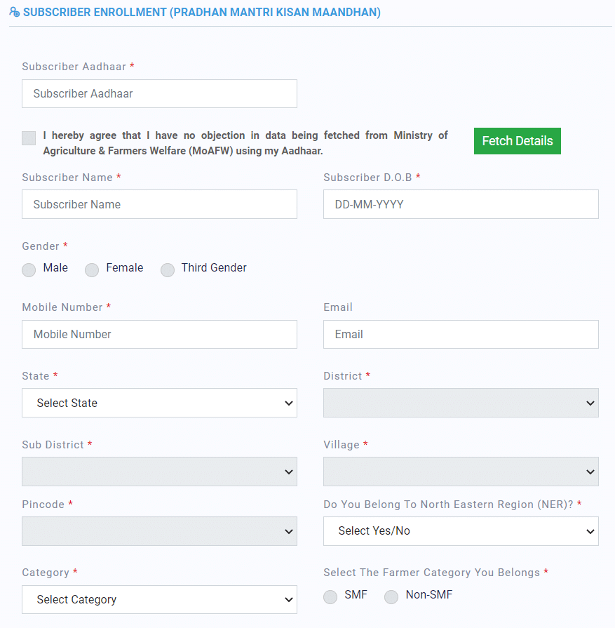 PM Kisan Mandhan Yojana Online Registration Form