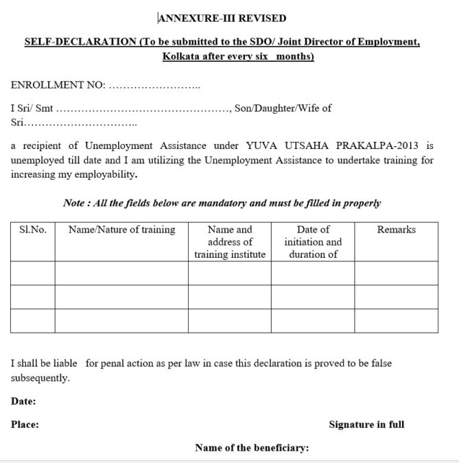 Yuvasree Self Declaration Format Beneficiary