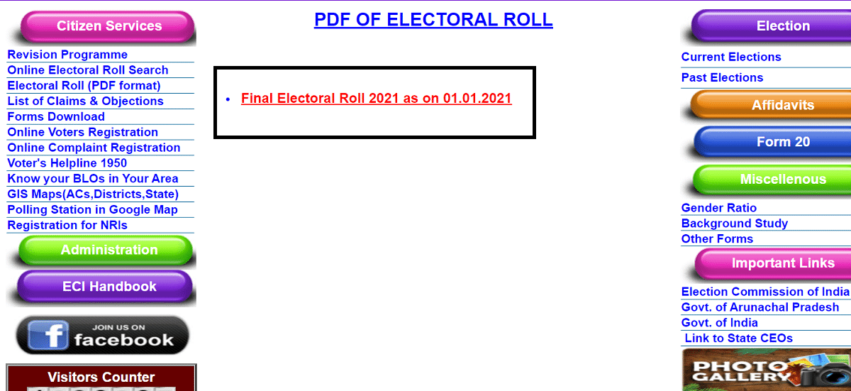 Arunachal Pradesh Final Electoral Roll PDF