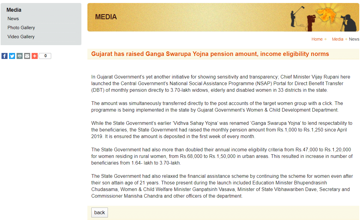 Gujarat Ganga Swapurna Yojana Pension Amount Income Eligibility