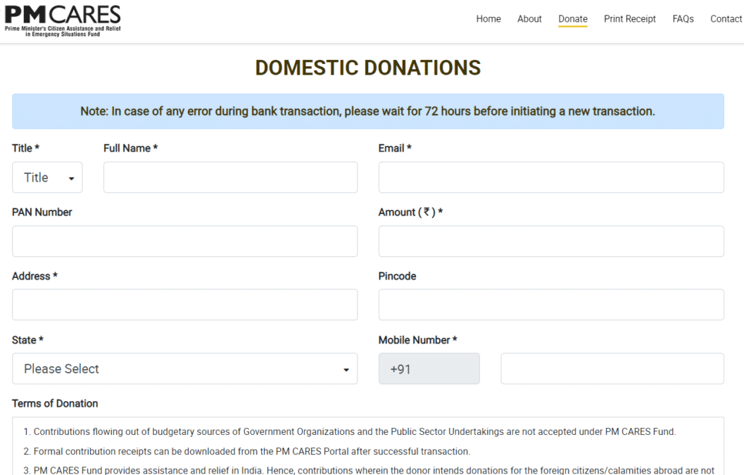 PM Cares Fund Domestic Donations