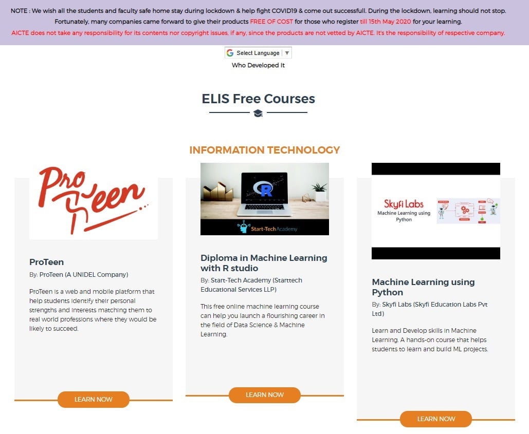 AICTE ELIS Portal Courses Homepage