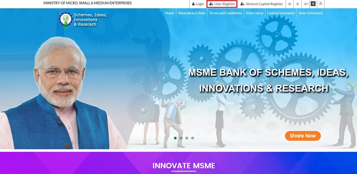 MSME Schemes Ideas Innovation Portal User Registration
