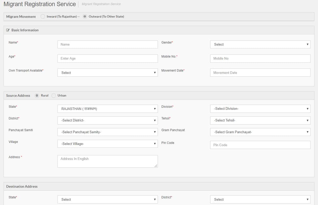Rajasthan Migrant Workers Online Registration Form