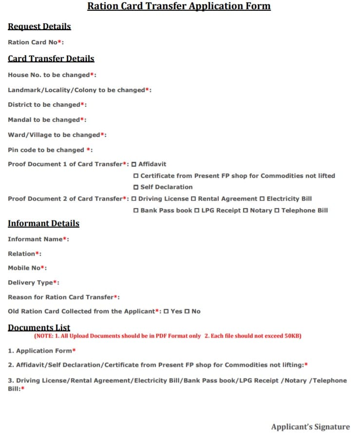 Transfer AP Ration Card Application Form PDF Download