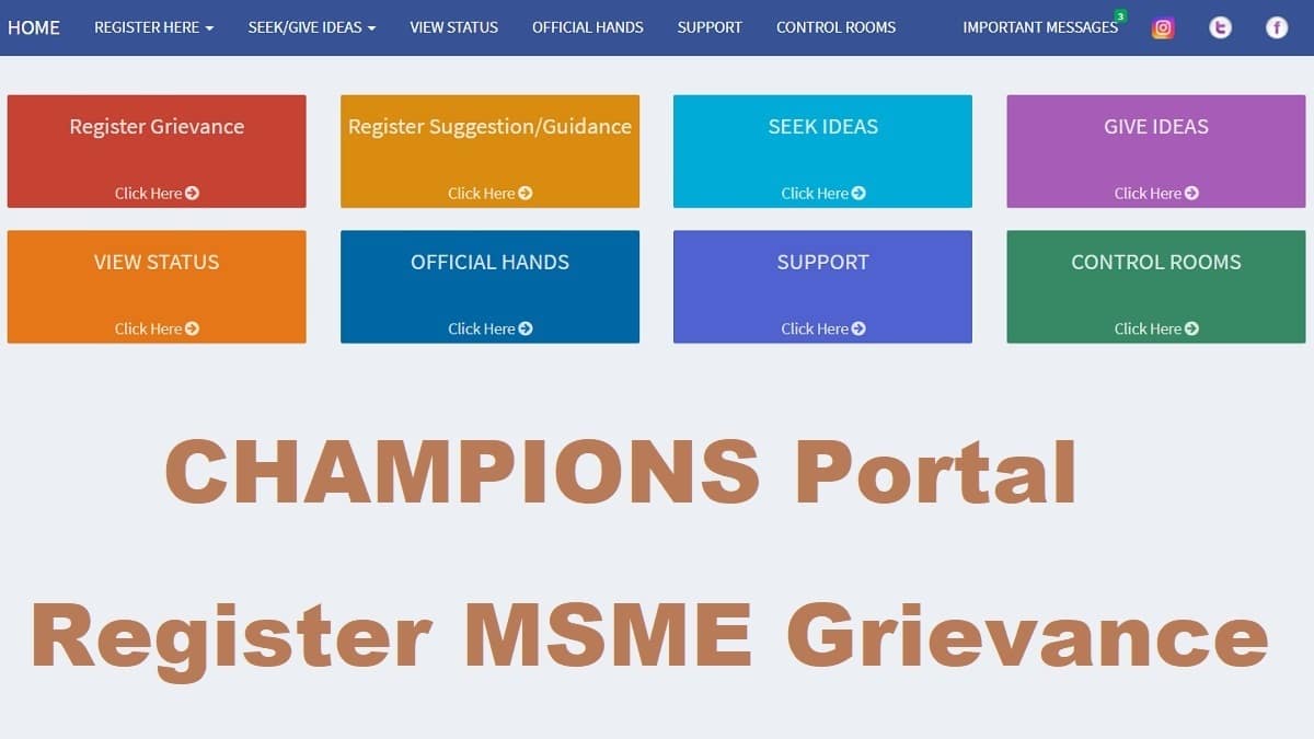 Champions Portal MSME Register Grievance Ideas Status