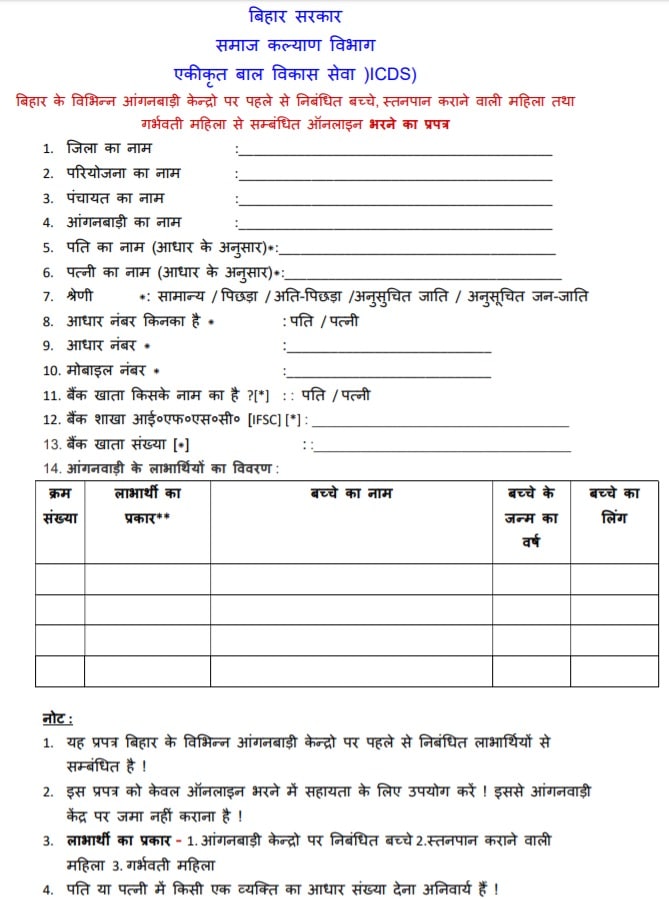 Download Bihar Anganwadi Labharthi Registration Form PDF