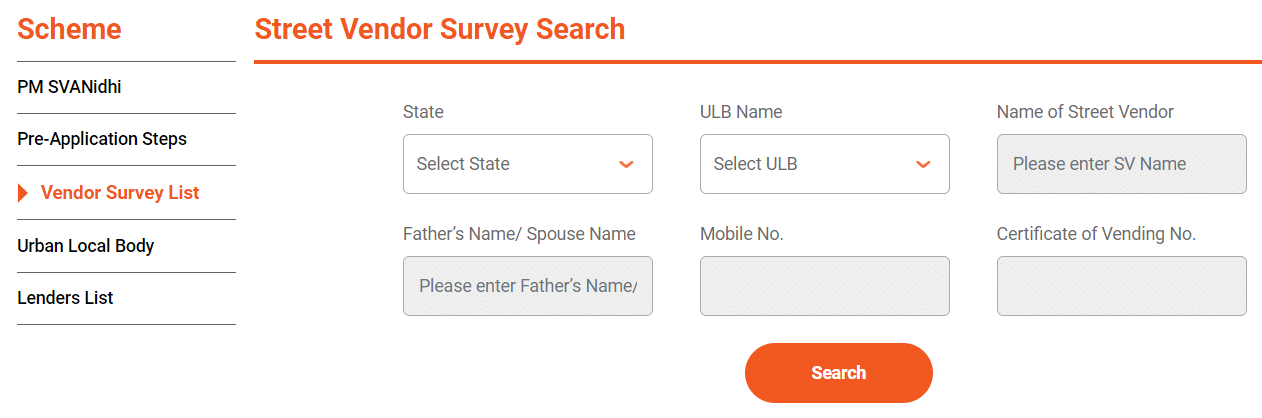 PM Svanidhi Street Vendor Survey Search