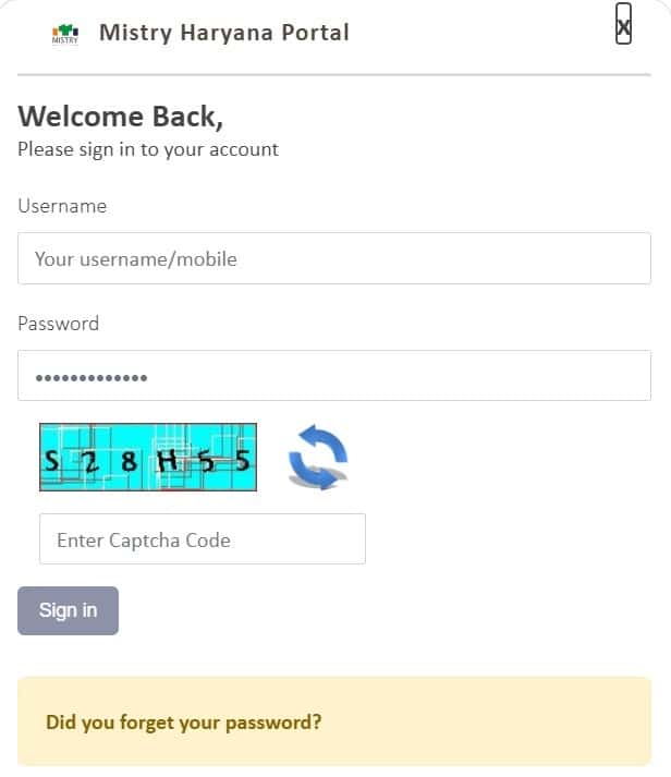 Mistry Haryana Portal Sign In Login Technician