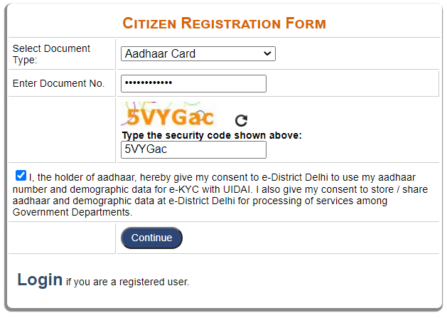 Delhi edistrict New User Registration