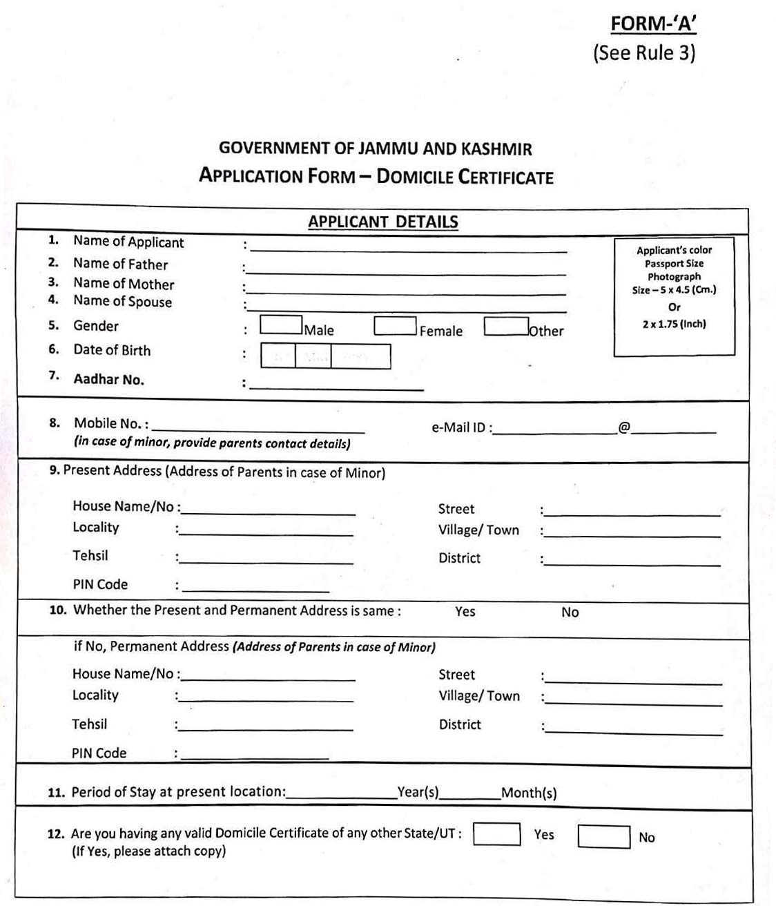 Jammu Kashmir Domicile Application Form