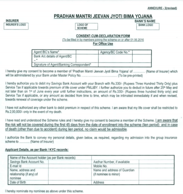 PM Jeevan Jyoti Bima Yojana Form PDF Download Online
