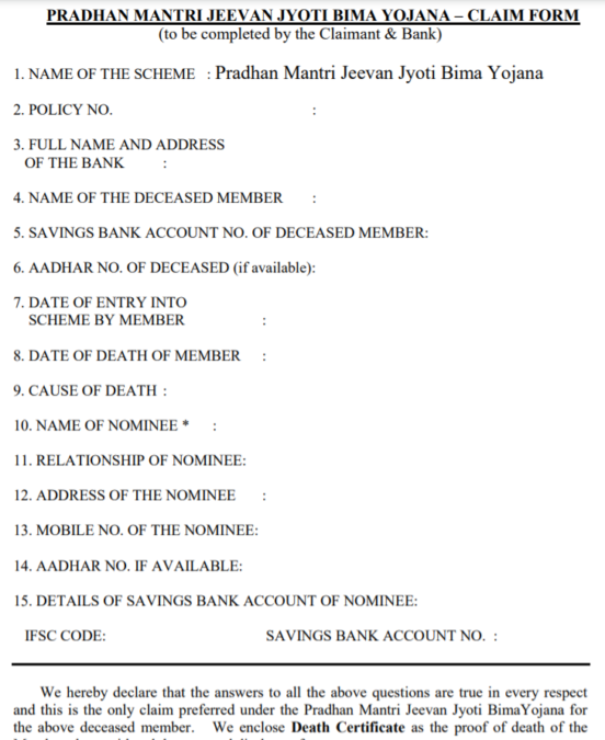 Pradhan Mantri Jeevan Jyoti Bima Yojana Claim Form PDF