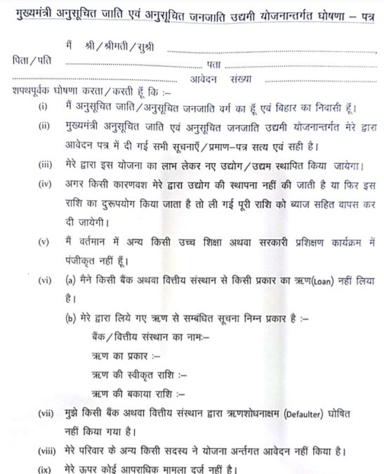 Startup Bihar CM SC ST Udyami Application Form PDF