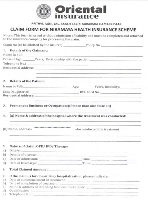 Niramaya Health Insurance Scheme Claim Form