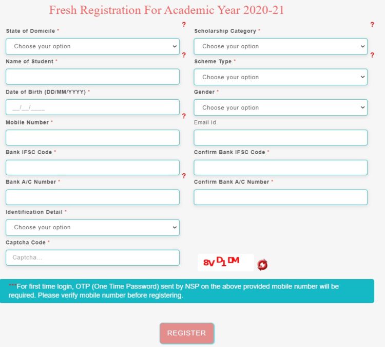 Post Matric Scholarship SC Students Registration Form