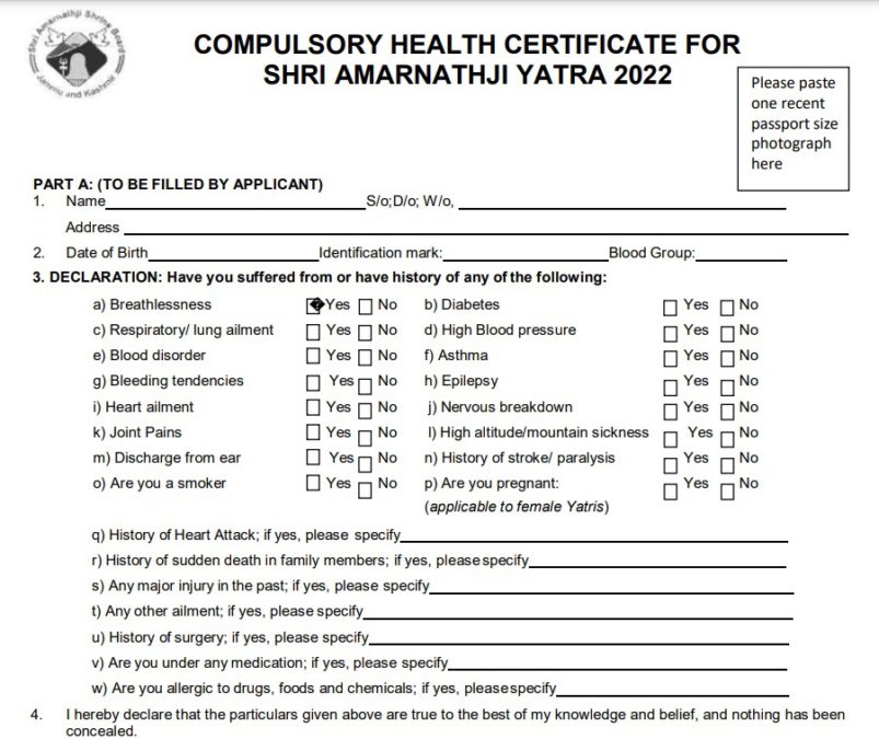 Amarnathji Yatra Health Certificate 2022