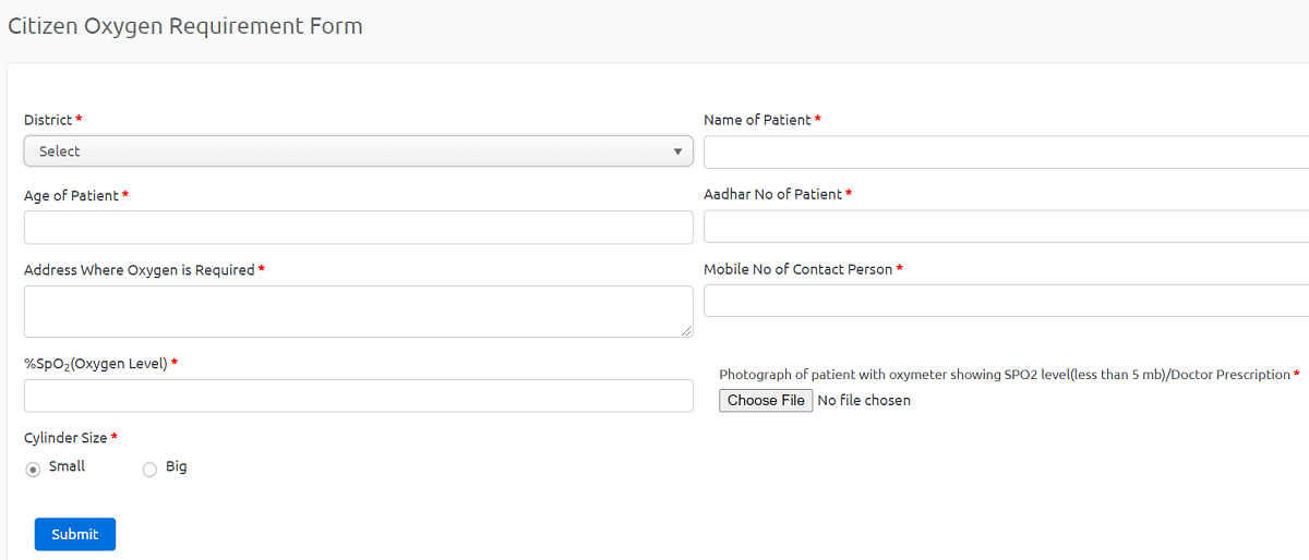 Haryana Citizen Oxygen Requirement Application Form