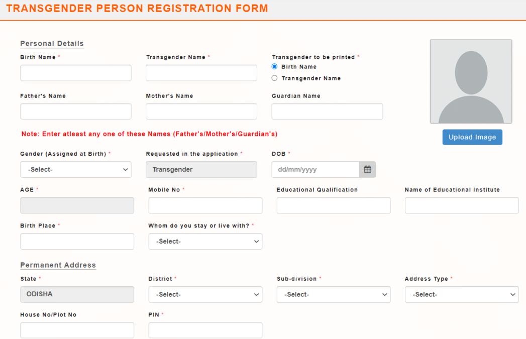 Odisha Transgender Person Registration Form