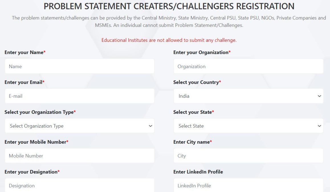 SIH Problem Statement Creaters Challengers Registration Form