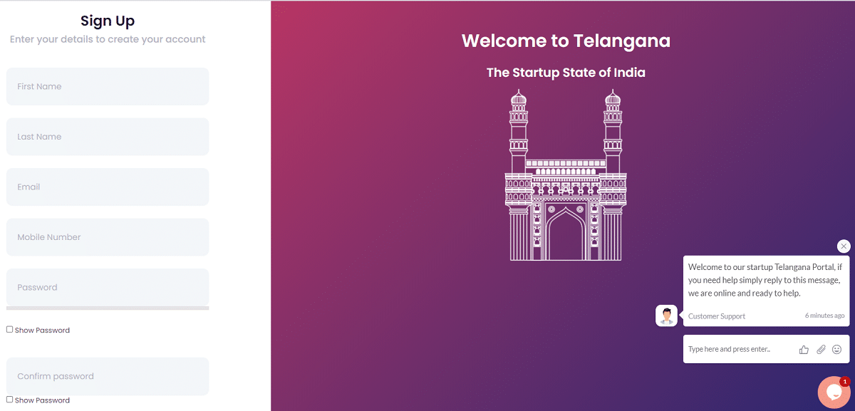 Startup Telangana Portal Registration Form
