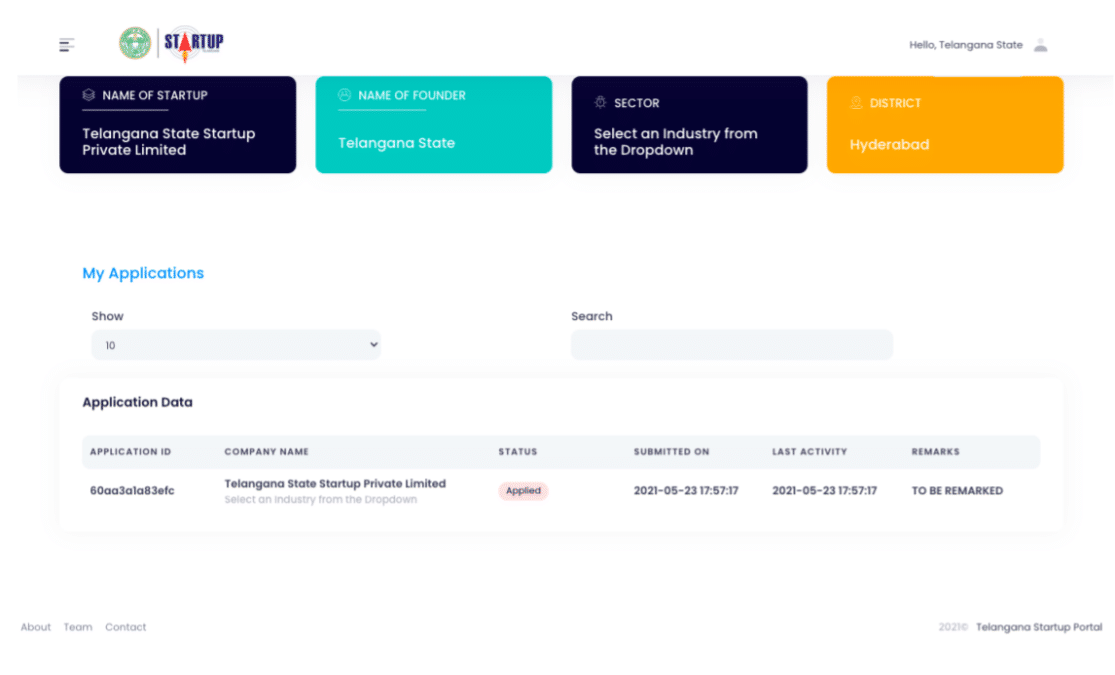 Telangana Startup Portal Dashboard Incentives