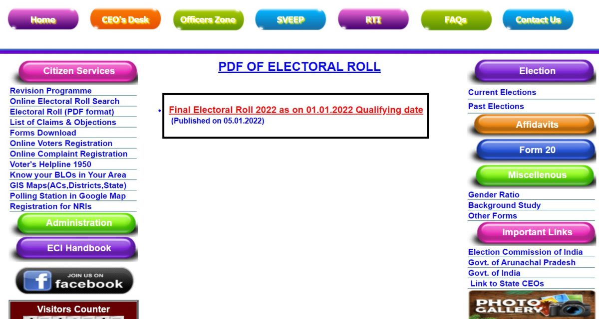 Ceoarunachal Electoral Roll 2022 PDF