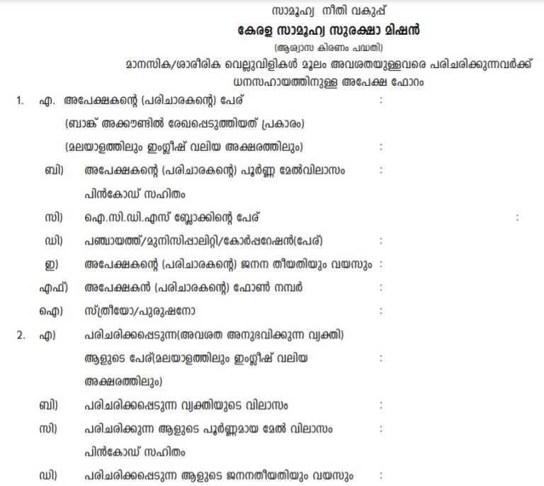 Kerala Aswasakiranam Scheme 2024 Application Form PDF