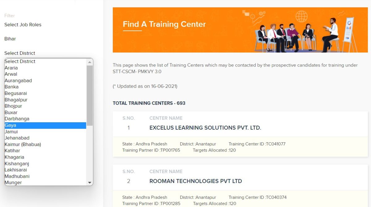 PMKVY Training Center Search by District Name