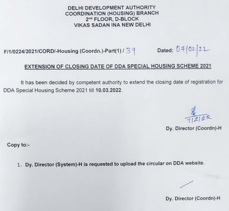 DDA Special Housing Scheme Last Date Extension