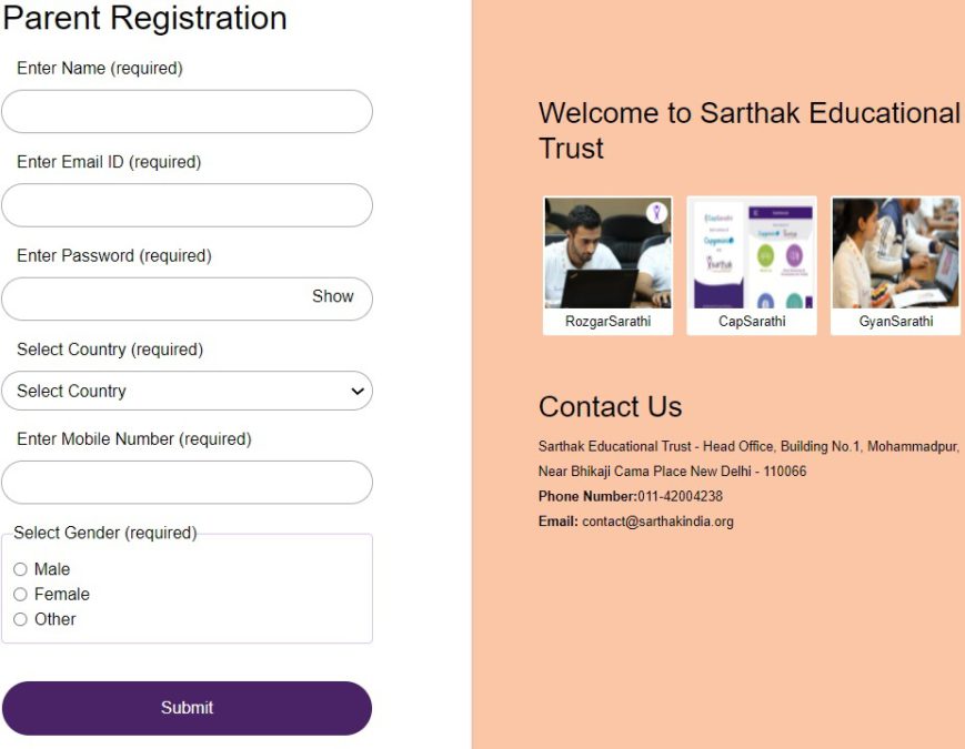 Sarthak Rojgar Sarathi Portal Parent Registration Form